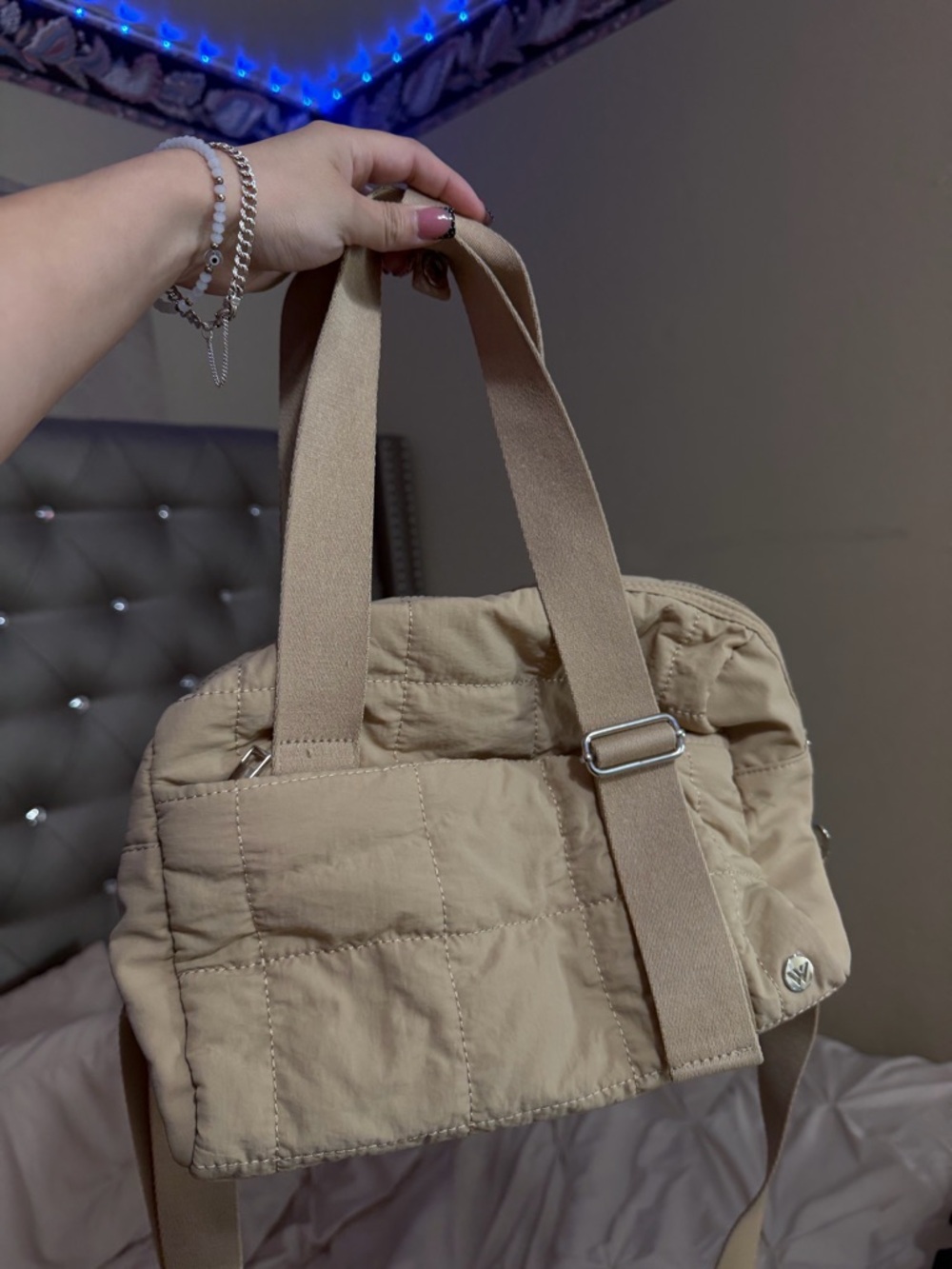 Quilted Beige Shoulder Bag with Adjustable Strap